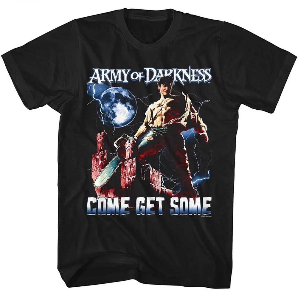Halloween-Emporium black cotton crewneck t-shirt featuring an Army of Darkness graphic of Ash Williams with chainsaw.