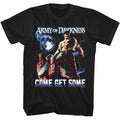 Halloween-Emporium black cotton crewneck t-shirt featuring an Army of Darkness graphic of Ash Williams with chainsaw.