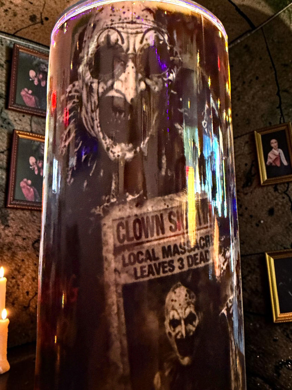 Halloween-Emporium 30oz tumbler featuring dark Art the Clown horror movie graphics on a black background