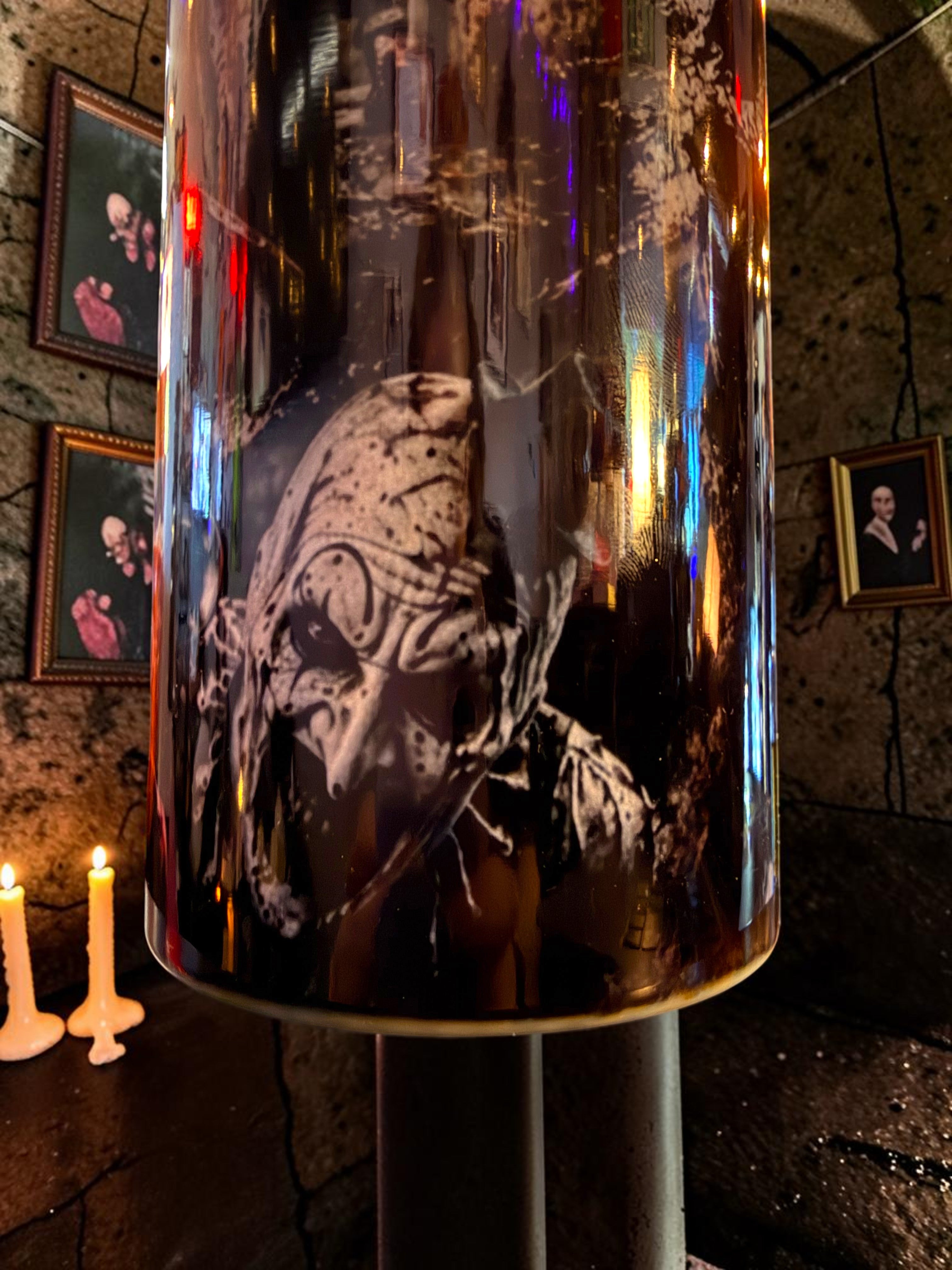Halloween-Emporium 30oz Art tumbler featuring a dark, detailed horror-inspired illustration on a black background.