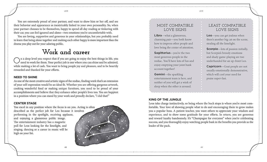 Halloween-Emporium Book of Astrology open to the Leo page featuring zodiac compatibility and career insights