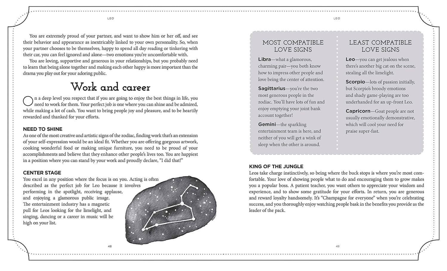 Halloween-Emporium Book of Astrology open to the Leo page featuring zodiac compatibility and career insights