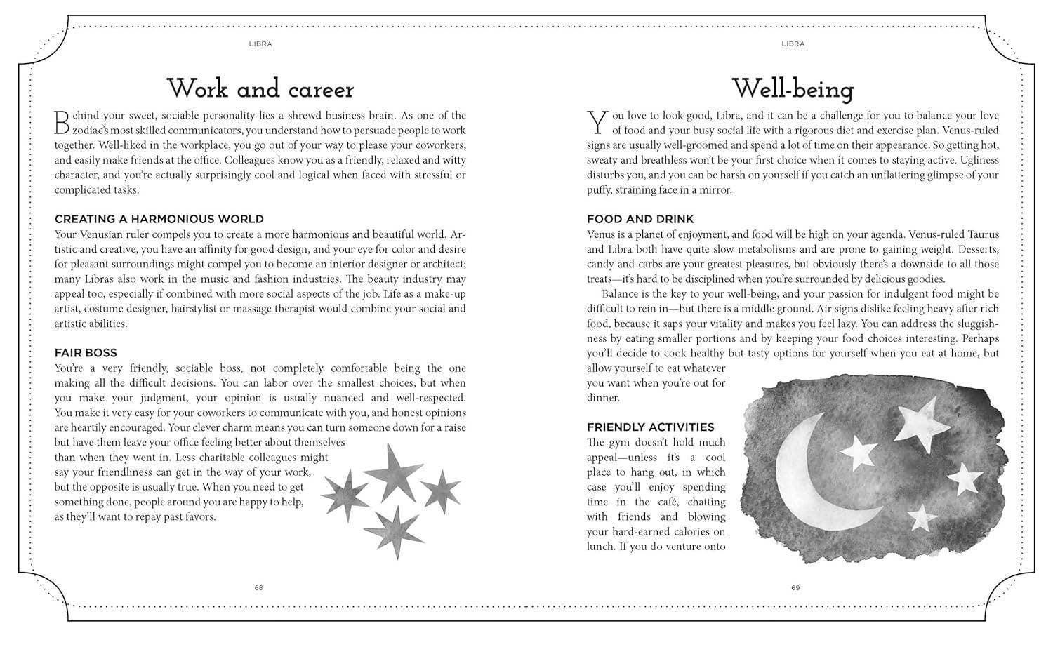 Halloween-Emporium Book of Astrology page spread featuring Libra work, career, and well-being advice with star icons