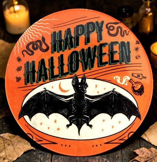 Halloween-Emporium 6-inch round canape plate featuring a vintage bat illustration and Happy Halloween text in orange