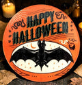 Halloween-Emporium 6-inch round canape plate featuring a vintage bat illustration and Happy Halloween text in orange