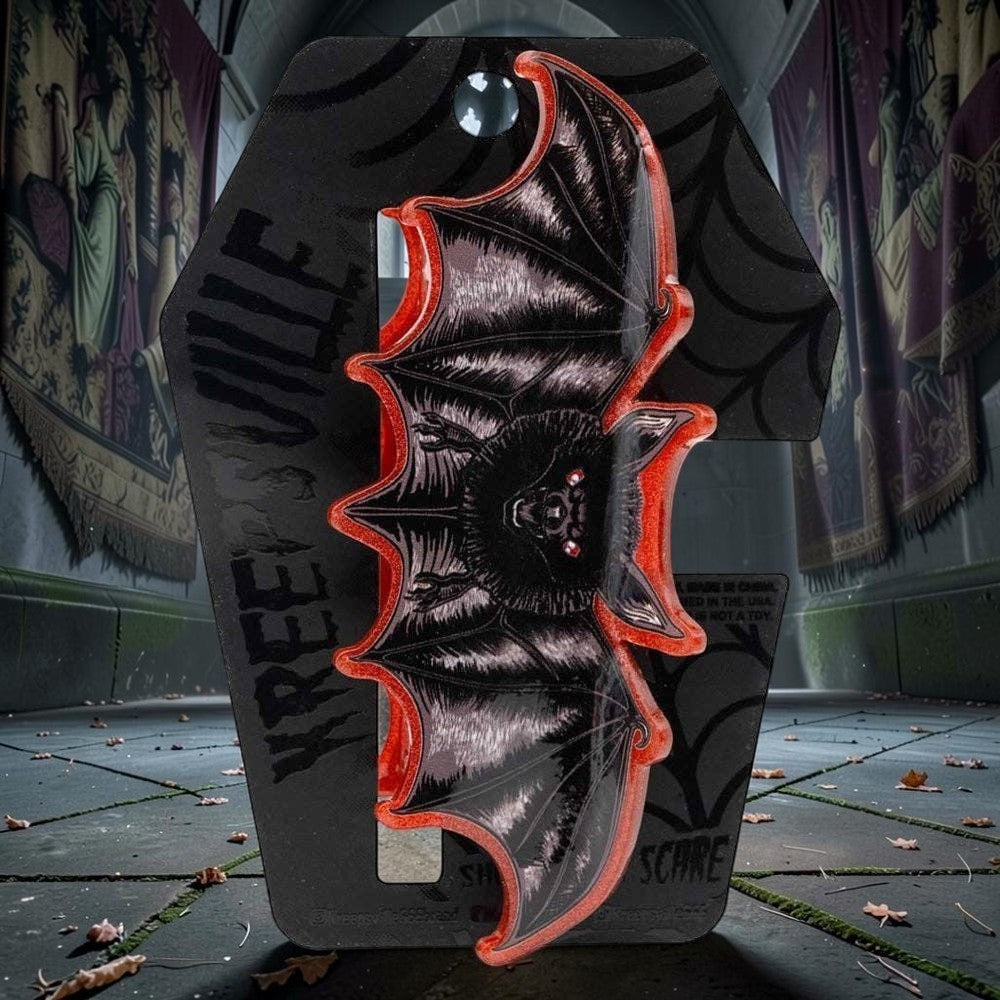 Halloween-Emporium bat-shaped acrylic claw clip with a detailed black bat illustration and vibrant red glitter border.