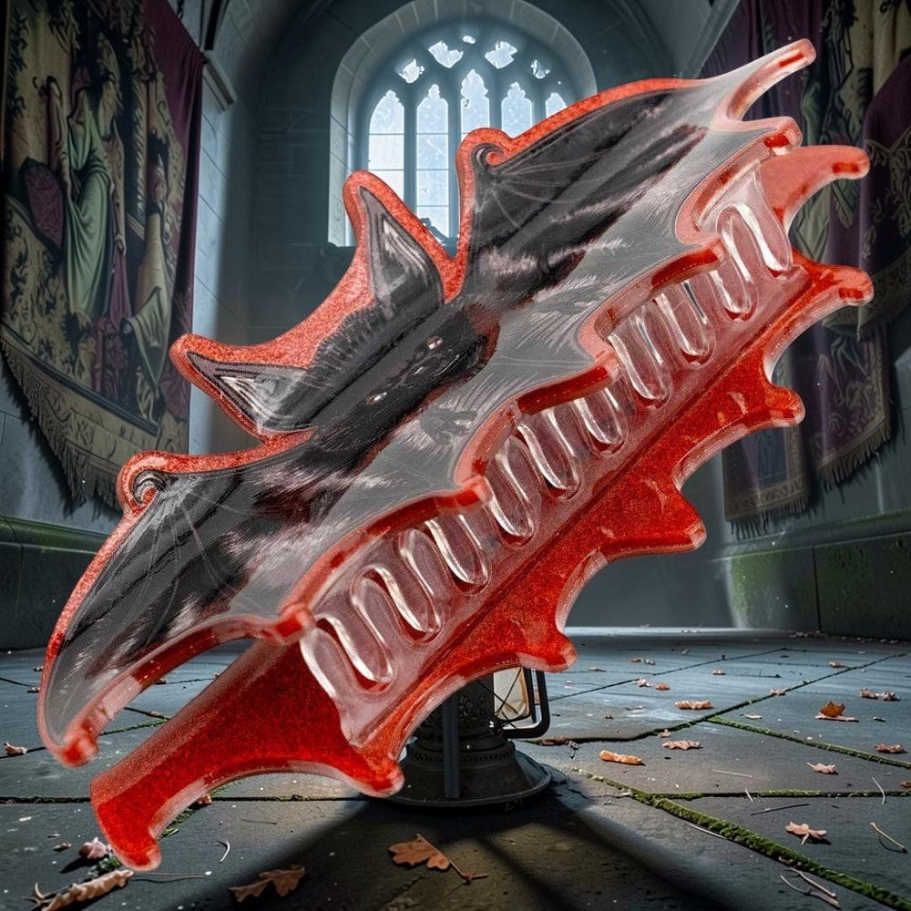 Halloween-Emporium bat-shaped claw clip in red glitter acrylic with a detailed black bat illustration.