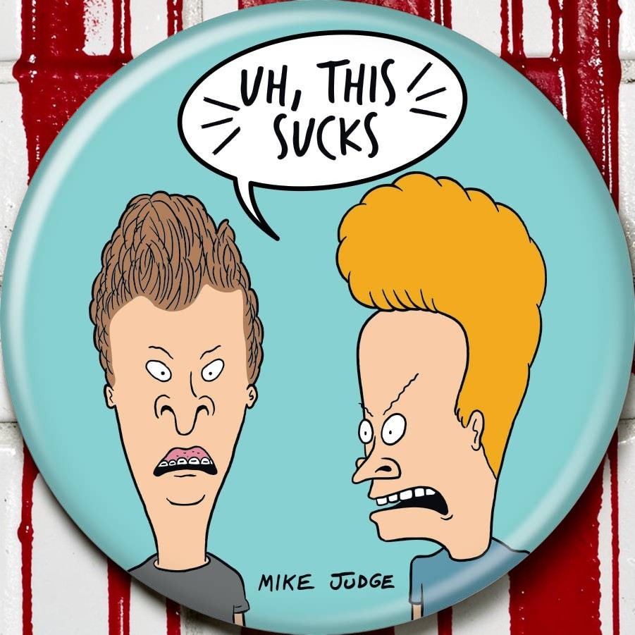 Halloween-Emporium 3-inch Beavis and Butt-Head button featuring the characters and the text Uh, This Sucks