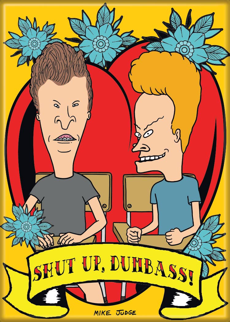 Halloween-Emporium Beavis and Butt-Head magnet featuring the duo with a red heart, floral accents, and text.