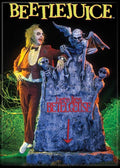 Halloween-Emporium Beetlejuice grave marker magnet featuring the ghost with the most standing by a stone tombstone.