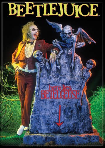 Halloween-Emporium Beetlejuice grave marker magnet featuring the ghost with the most standing by a stone tombstone.