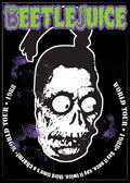 Halloween-Emporium Beetlejuice shrunken head magnet featuring a black, white, and purple 1988 world tour graphic.