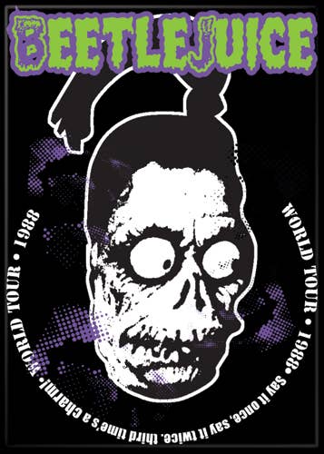 Halloween-Emporium Beetlejuice shrunken head magnet featuring a black, white, and purple 1988 world tour graphic.