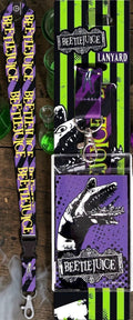 Halloween-Emporium Beetlejuice lanyard featuring purple and black stripes with character graphics and ID holder