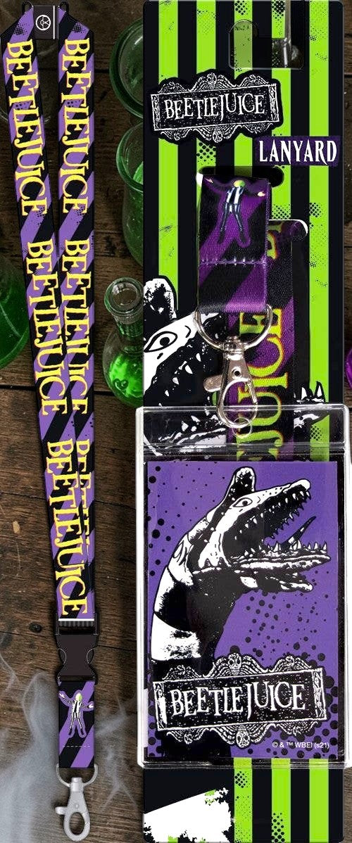 Halloween-Emporium Beetlejuice lanyard featuring purple and black stripes with character graphics and ID holder