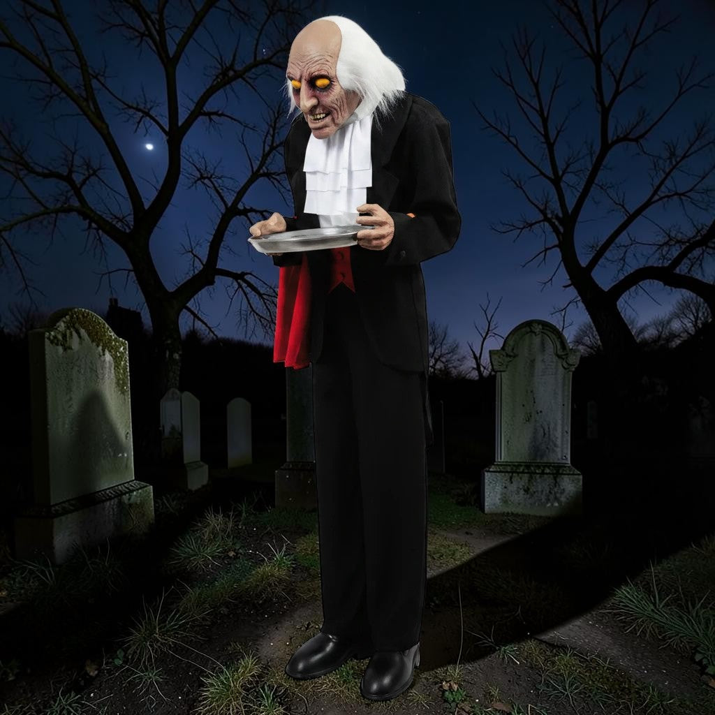 Halloween-Emporium 4-foot Ben the Butler animatronic in a black suit with glowing eyes and a serving tray in a graveyard.