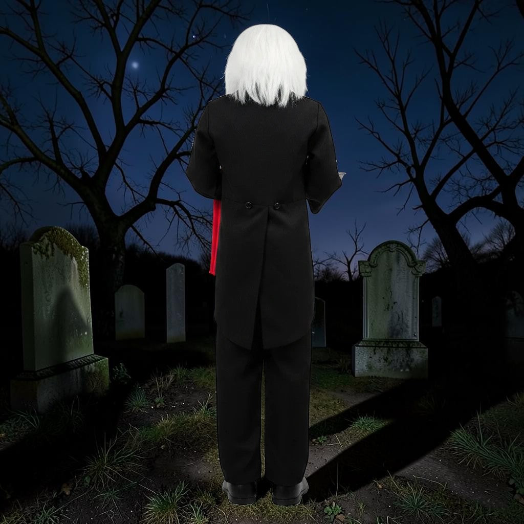 Halloween-Emporium 4-foot Ben the Butler animatronic seen from behind in a graveyard, wearing a black formal suit.
