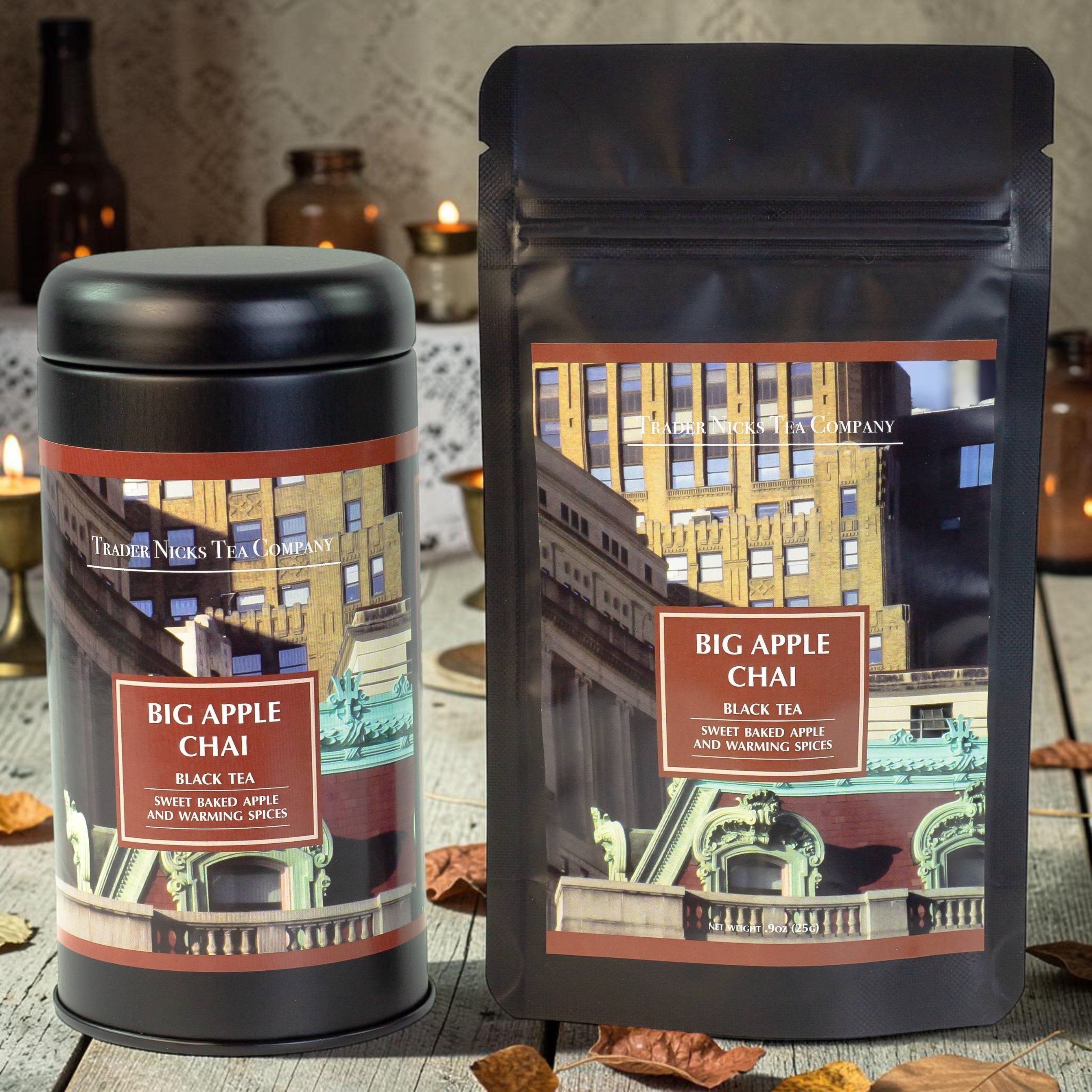 Halloween-Emporium Big Apple Chai black tea in a black gift tin and matte black pouch with New York city photography.
