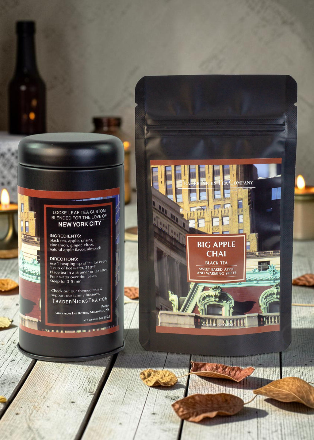 Halloween-Emporium Big Apple Chai loose-leaf tea set featuring a black tin and matte black pouch with NYC photography