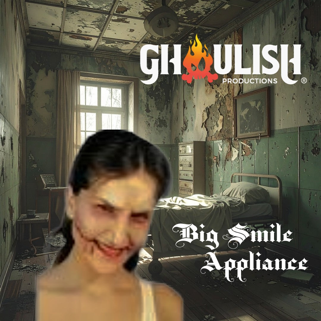 Halloween-Emporium Ghoulish Productions Big Smile prosthetic appliance on a person in a creepy asylum room setting.