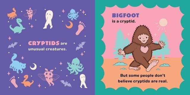 Halloween-Emporium Bigfoot and Friends board book pages featuring pastel illustrations of cryptids and Bigfoot.