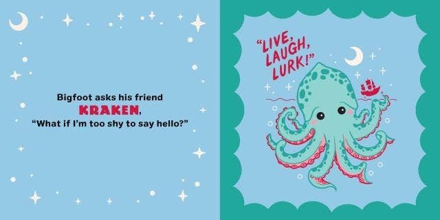 Halloween-Emporium Bigfoot and Friends board book page featuring a cute Kraken illustration and text about shyness.