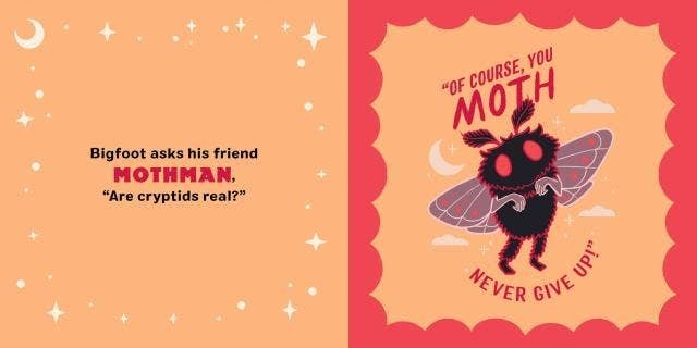Halloween-Emporium Bigfoot and Friends board book page featuring a cute Mothman illustration with pastel colors.