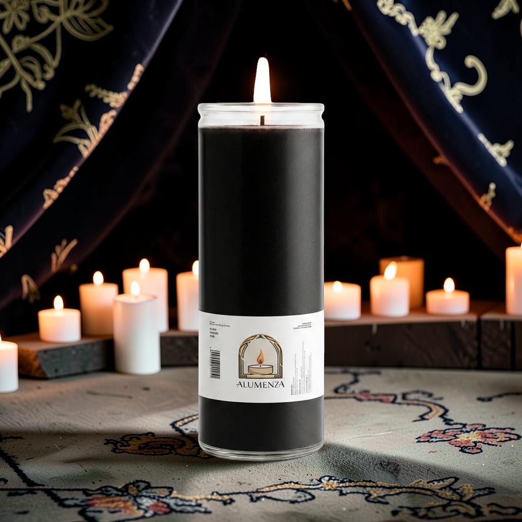 Halloween-Emporium 7 day black pillar candle in a tall glass vessel with a steady flame for spiritual rituals