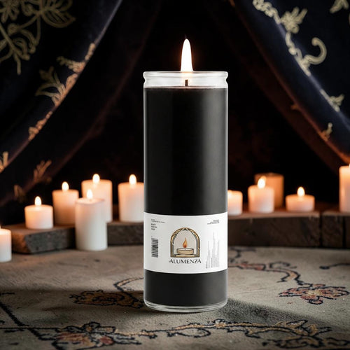 Halloween-Emporium 7 day black pillar candle in a tall glass vessel for spiritual practice and meditation