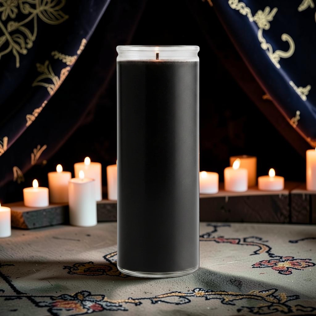 Halloween-Emporium 7 day black pillar candle in a tall glass container for spiritual practice and meditation
