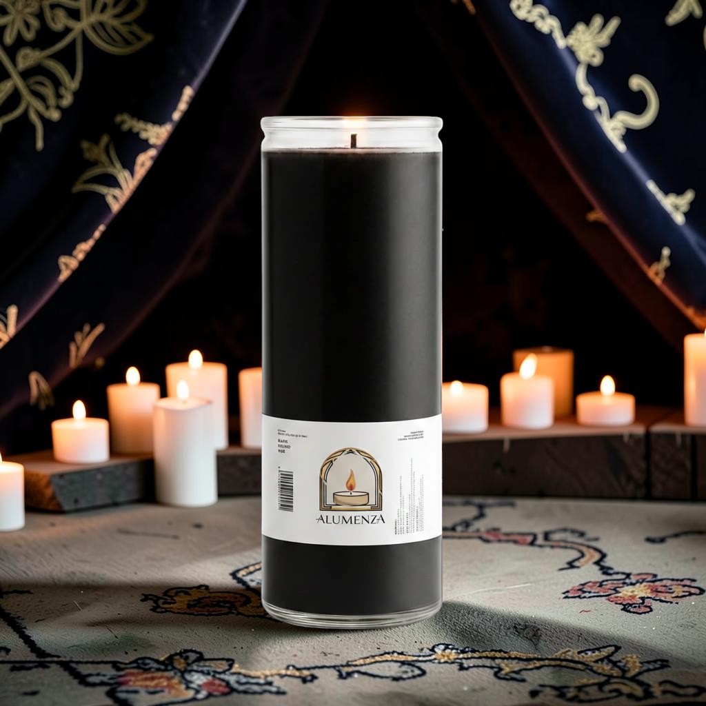 Halloween-Emporium 7 day black pillar candle in a tall glass jar for spiritual rituals and meditation