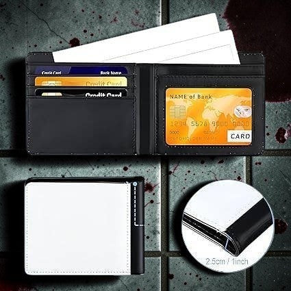 Halloween-Emporium black bi-fold synthetic leather wallet with card slots, cash compartment, and clear ID window.