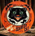 Halloween-Emporium 6-inch round canape plate featuring a vintage black cat illustration and Don't Be A Scaredy Cat text