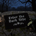 Halloween-Emporium black coir doormat with Enter the Dark Side text and skull graphic for gothic home decor