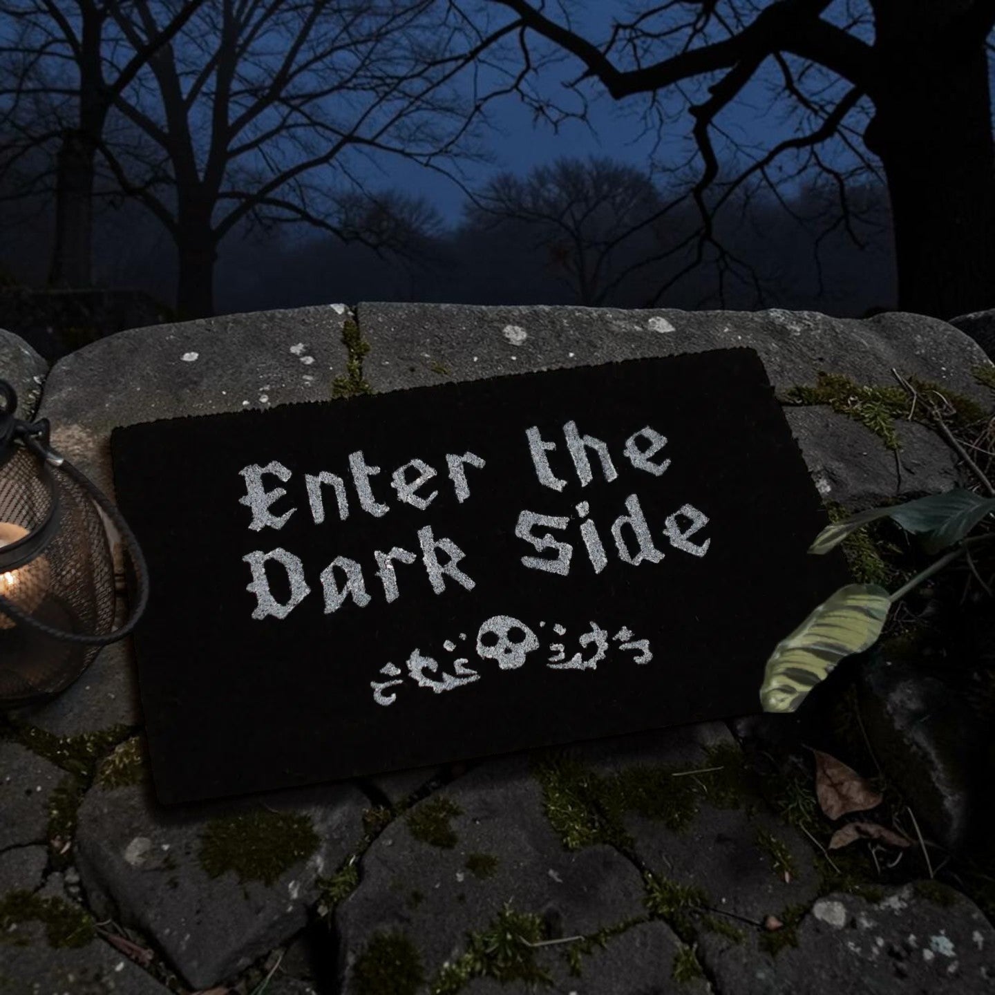 Halloween-Emporium black coir doormat with Enter the Dark Side text and skull graphic for gothic home decor