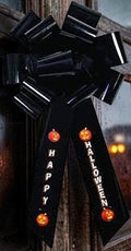 Halloween-Emporium 25-inch black decorative bow with pumpkin graphics and Happy Halloween text for front door decor