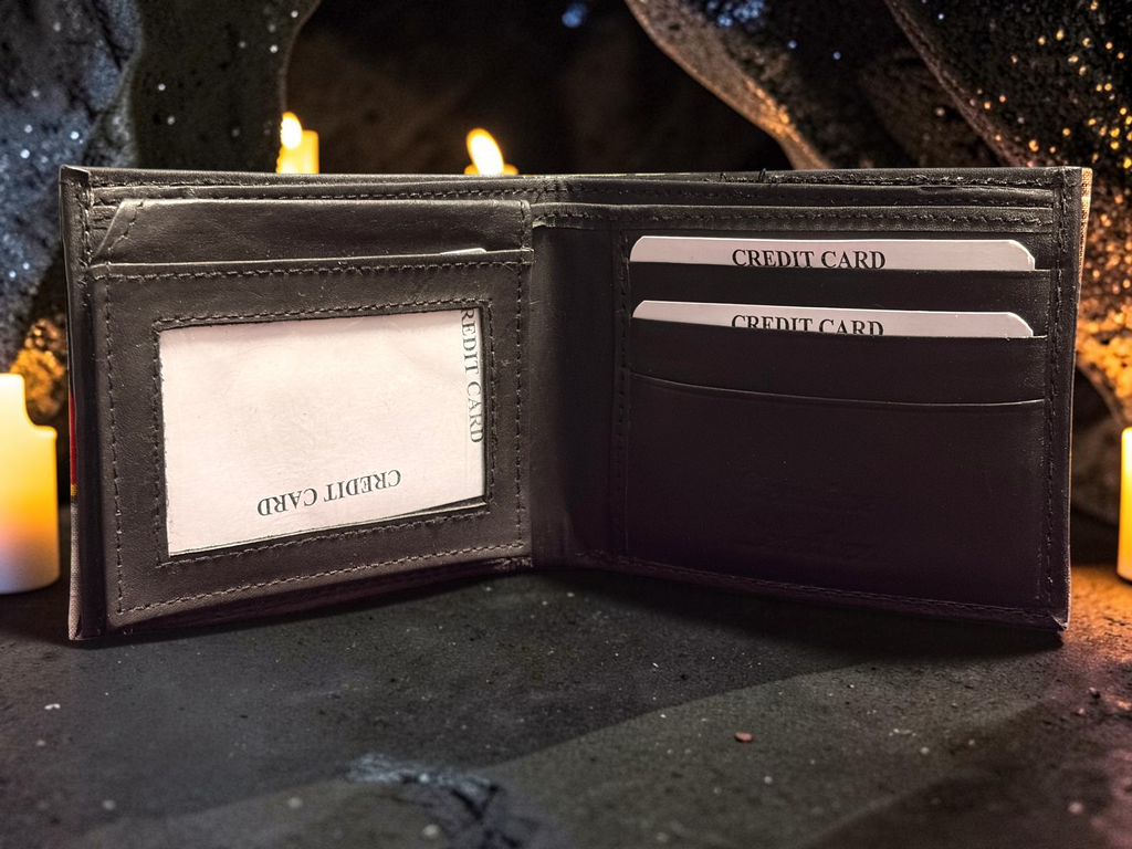 Halloween-Emporium 3 Witches hand crafted black leather bifold wallet with card slots and ID window