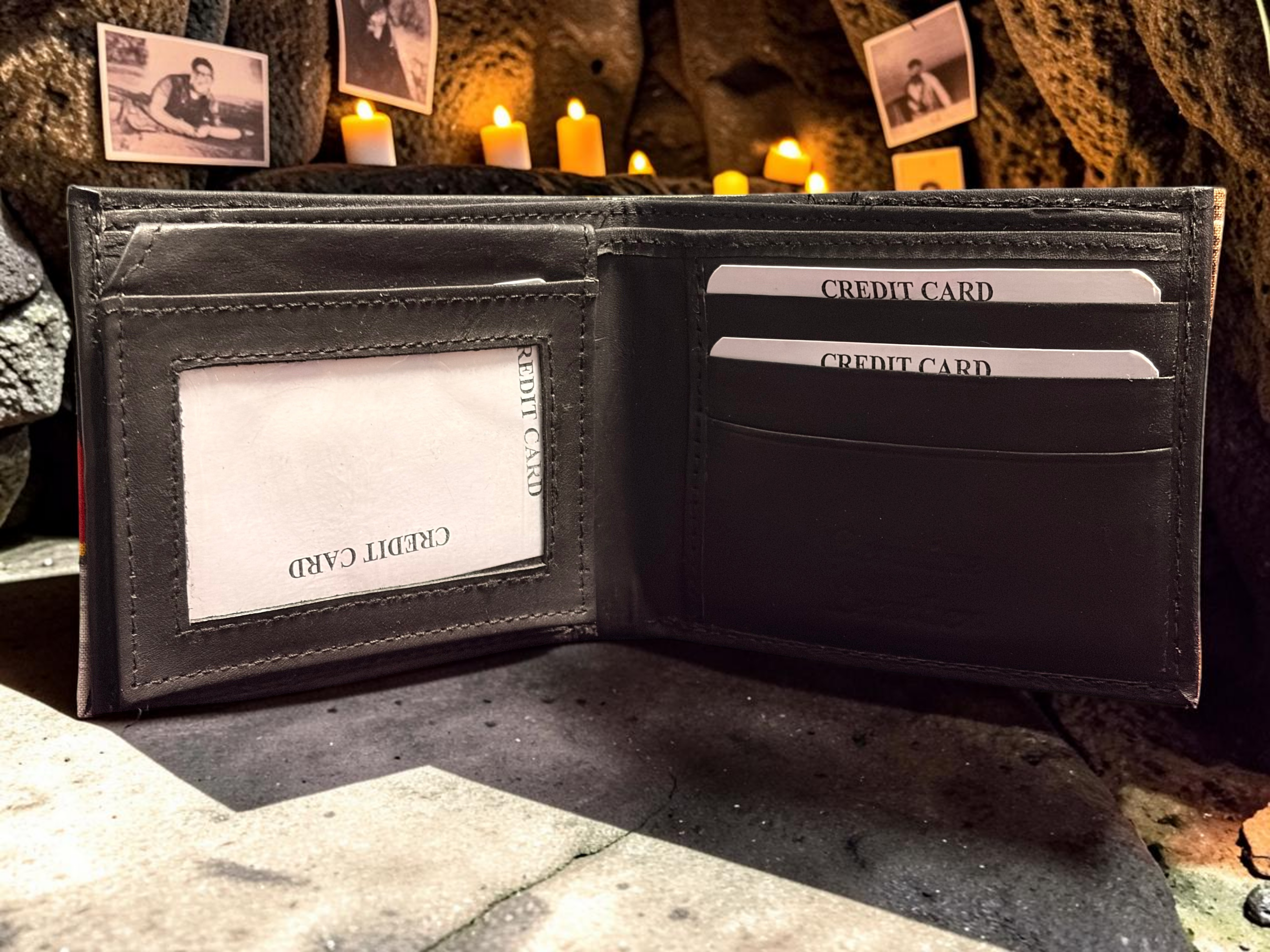 Halloween-Emporium Seance hand crafted black leather bifold wallet with card slots and ID window