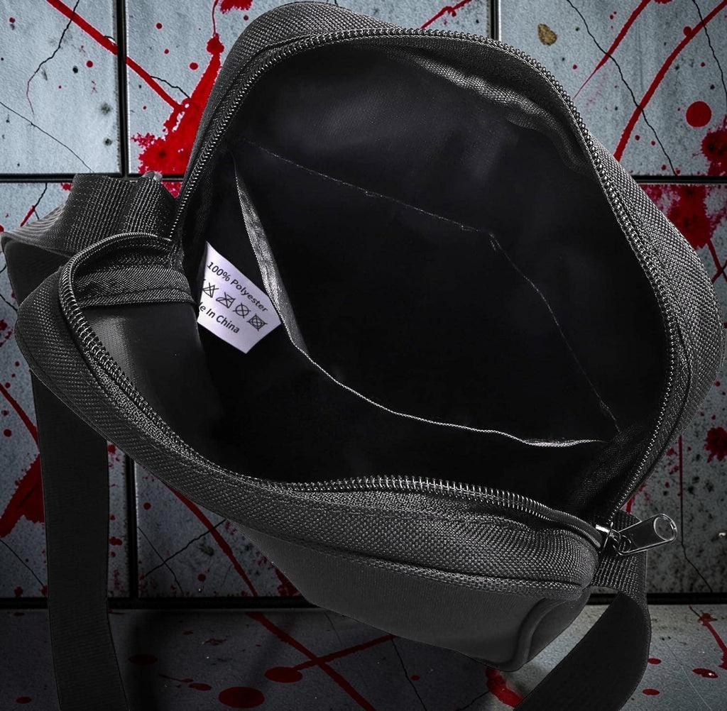 Halloween-Emporium black polyester messenger bag interior with zipper closure and internal pocket