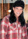 Halloween-Emporium classic black mullet costume wig worn by a smiling man in a red plaid shirt for an 80s theme.