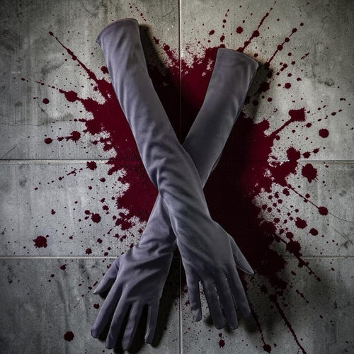 Halloween-Emporium black opera gloves made of smooth polyester, crossed over a dramatic blood-splatter background.