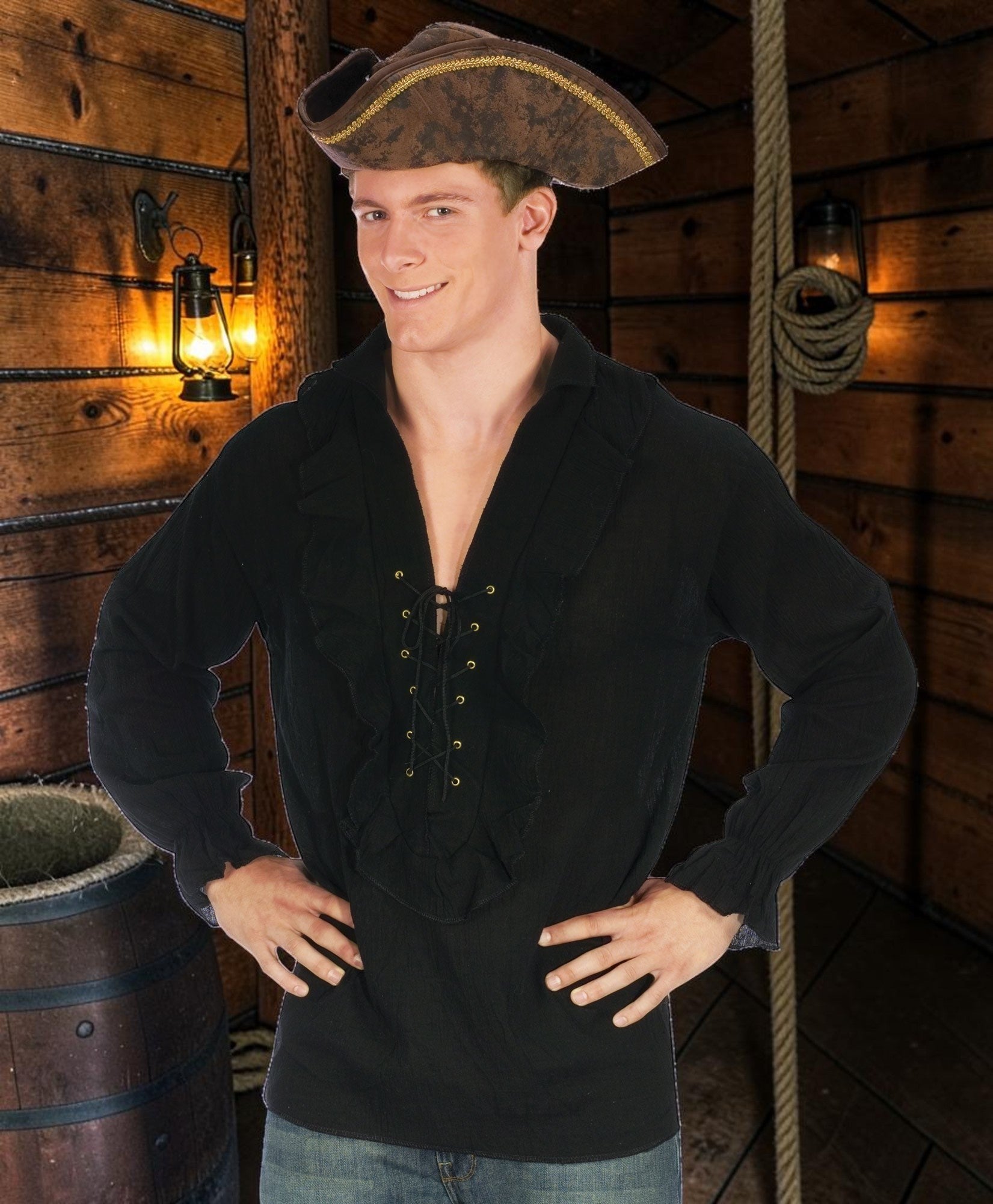 Halloween-Emporium black pirate costume shirt with ruffled front, lace-up neckline, and long sleeves on a man.