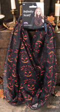 Halloween-Emporium black infinity scarf featuring orange jack-o'-lanterns and Trick or Treat text for autumn style.
