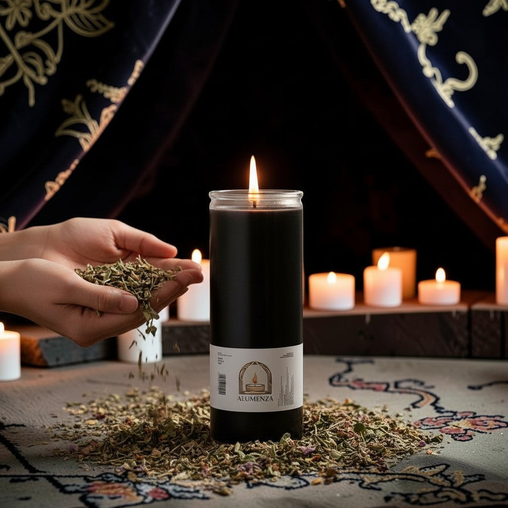 Halloween-Emporium 7 day black pillar candle in a glass jar, surrounded by scattered herbs for ritual practice.