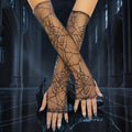 Halloween-Emporium black fingerless mesh gloves with an intricate spider web pattern for gothic costume styling.