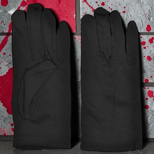 Halloween-Emporium wrist-length black polyester costume gloves for adults, perfect for theatrical or formal outfits.