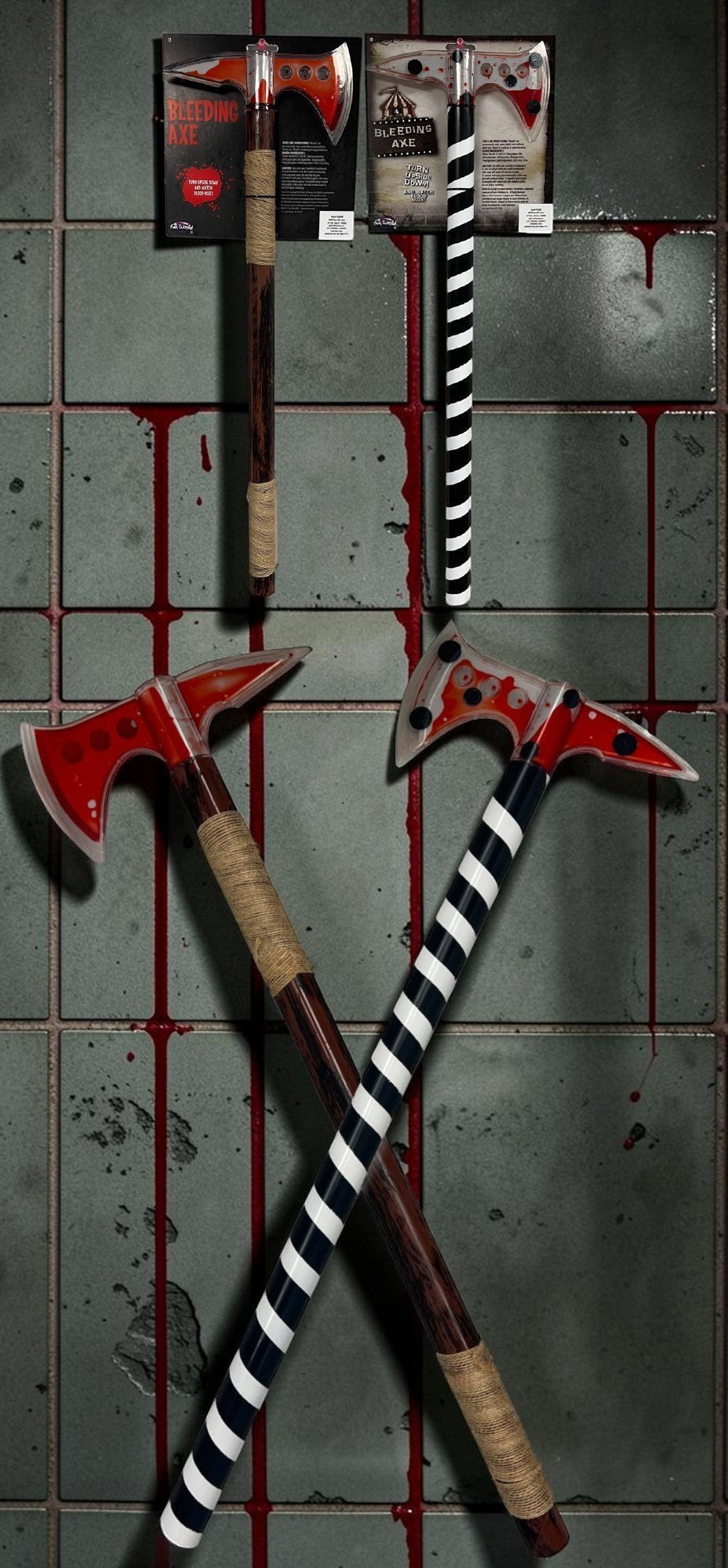 Halloween-Emporium 24-inch bleeding axe costume props with liquid-filled blades and twine or striped handles.