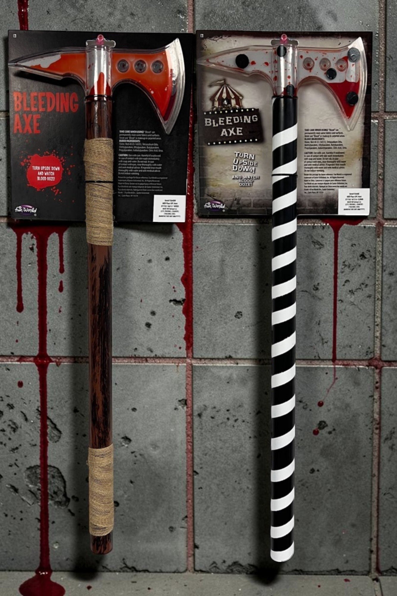 Halloween-Emporium 24-inch bleeding axe costume props with liquid-filled blades and wood-grain or striped handles.