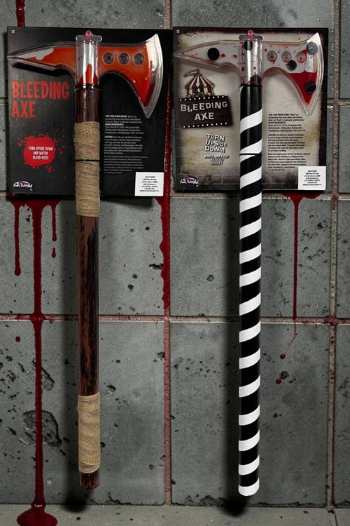 Halloween-Emporium 24-inch bleeding axe costume props with liquid-filled blades and wood-grain or striped handles.