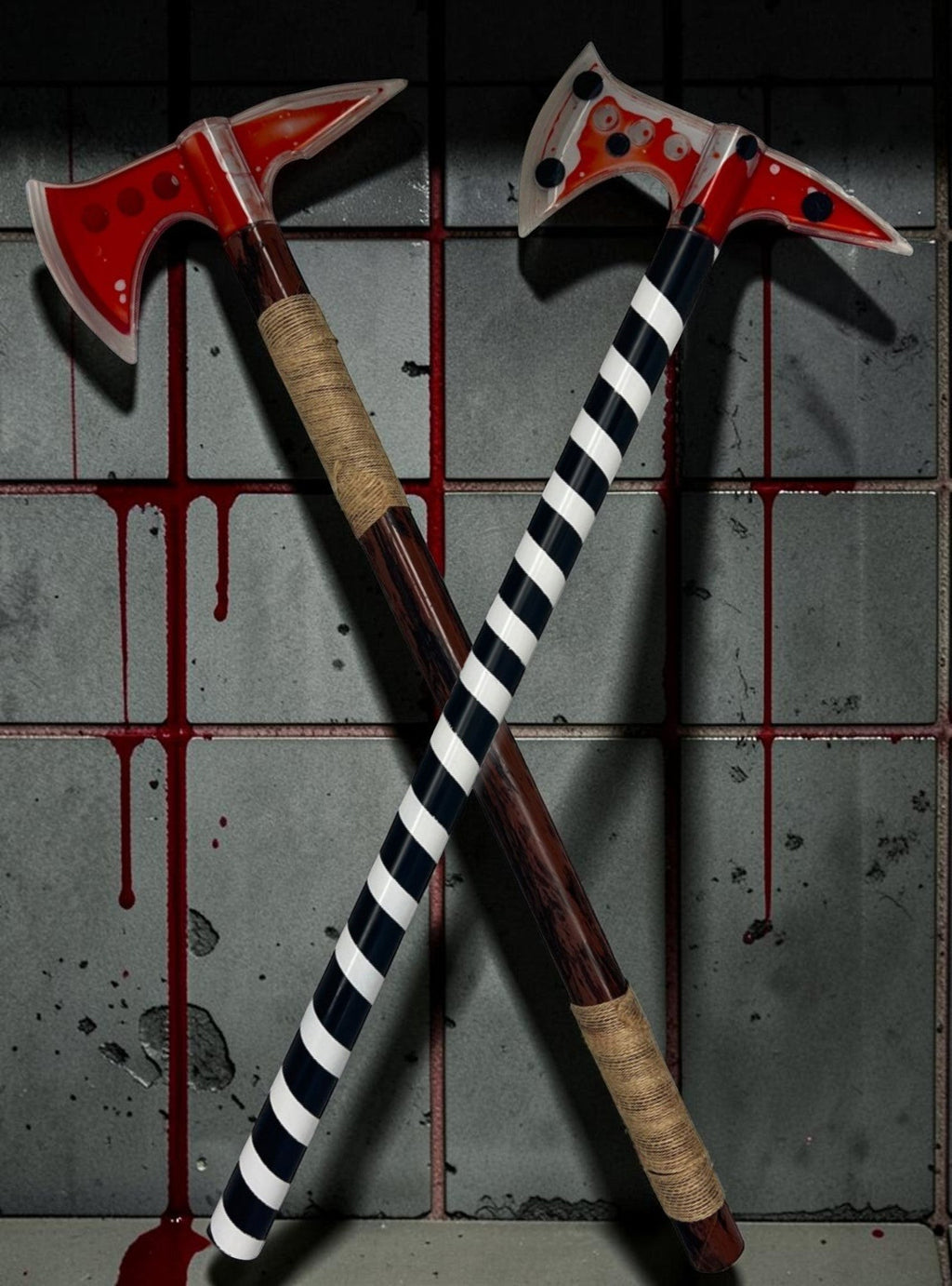 Halloween-Emporium 24-inch bleeding axe costume props with liquid-filled blades and twine or striped handles.
